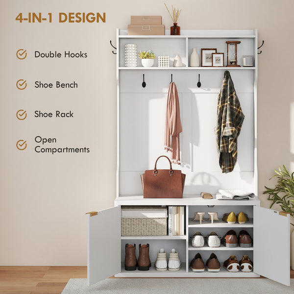 Porte-manteau 4 en 1 avec banc à chaussures intégré, étagère ouverte pour entrée, blanc