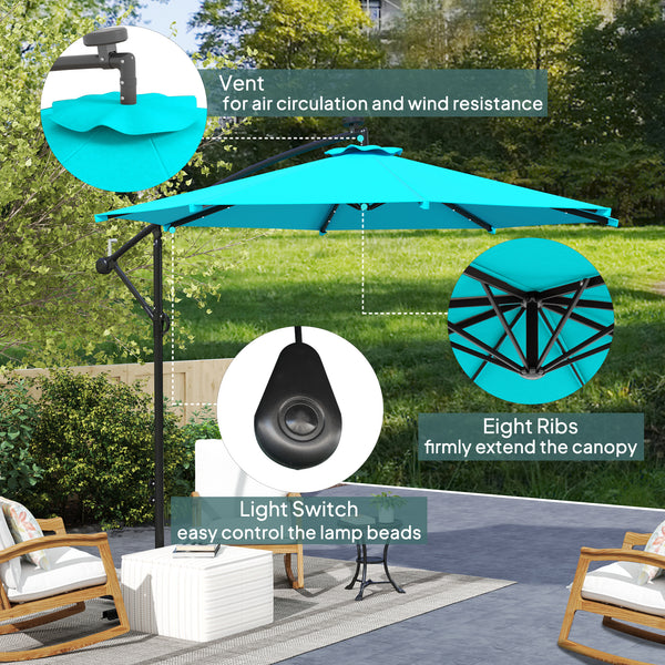 Parasol déporté de 10 pieds avec éclairage solaire et angle réglable, turquoise