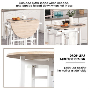 3-piece kitchen trolley including a drop-leaf breakfast table and 2 stools, in wood and white.