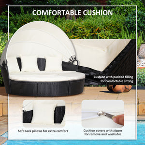 4 Pieces Outdoor Daybed with Retractable Canopy, PE Rattan Wicker Round Sofa Day Bed, Patio Sectional  Conversation Furniture Set with Cushions and Pillows, Cream White