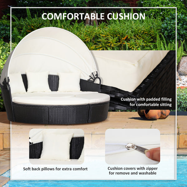 4 Pieces Outdoor Daybed with Retractable Canopy, PE Rattan Wicker Round Sofa Day Bed, Patio Sectional  Conversation Furniture Set with Cushions and Pillows, Cream White