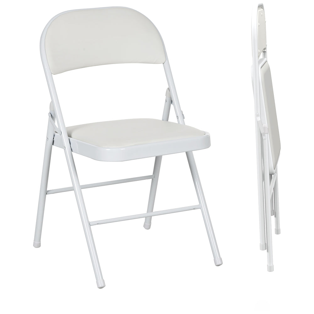 Set of 2 folding metal chairs with faux leather upholstery, white