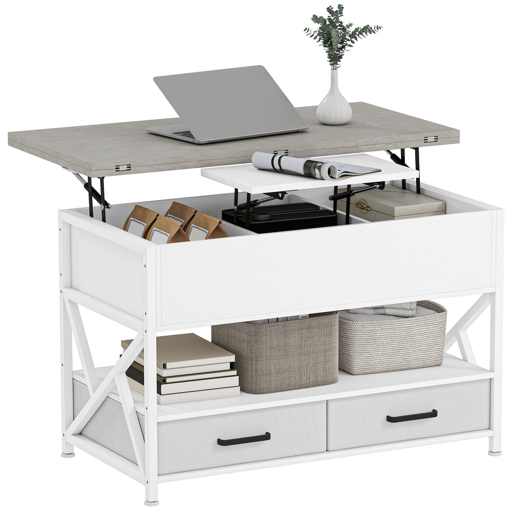 Table basse relevable avec double plateau ajustable, rangement caché et 2 tiroirs – Blanc et gris ciment