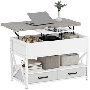 Table basse relevable avec double plateau ajustable, rangement caché et 2 tiroirs – Blanc et gris ciment