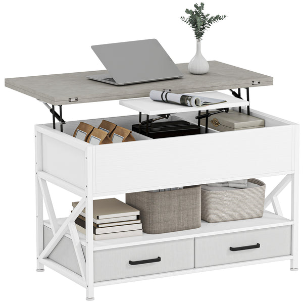 Table basse relevable avec double plateau ajustable, rangement caché et 2 tiroirs – Blanc et gris ciment