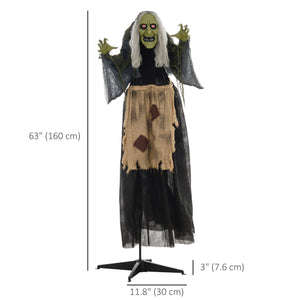 Sorcière bossue animée d’Halloween de 63 po avec yeux DEL rouges, sons et mouvements – gris et noir