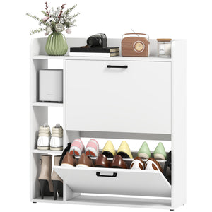 Meuble à chaussures étroit avec 2 tiroirs basculants et rangements latéraux, blanc