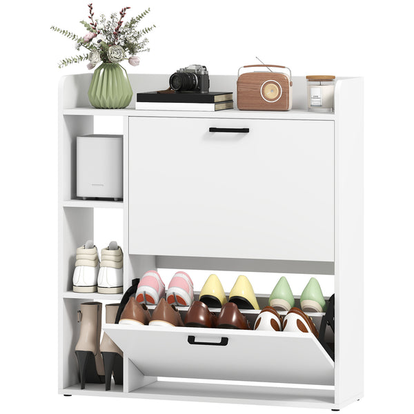Meuble à chaussures étroit avec 2 tiroirs basculants et rangements latéraux, blanc