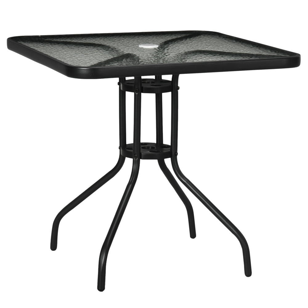 Table de salle à manger carrée avec trou pour parasol et plateau en verre trempé, noire