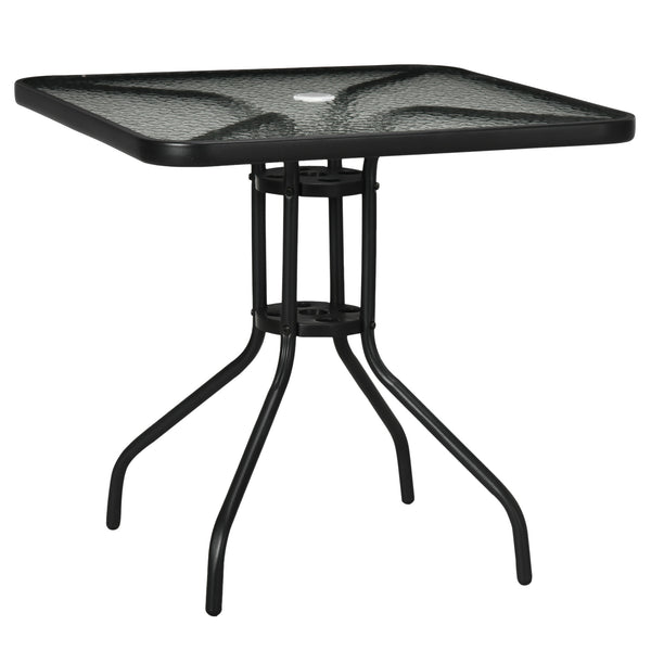 Table de salle à manger carrée avec trou pour parasol et plateau en verre trempé, noire