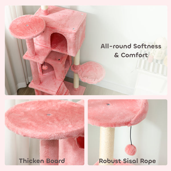Arbre à chat de 160 cm avec griffoirs en sisal, cabanes, perchoirs en peluche, hamac, rose