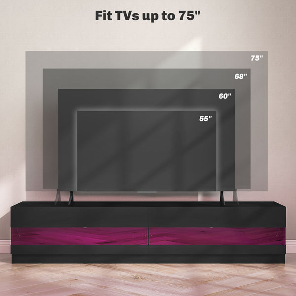 Meuble TV éclairé pour téléviseurs jusqu'à 75 pouces, noir brillant