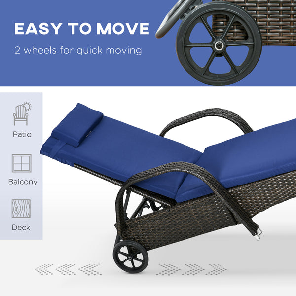 Chaise longue à roulettes en osier et table avec plateau en verre trempé, bleu foncé