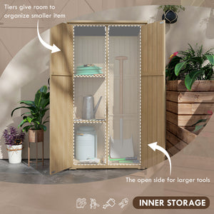 Wooden garden shed with waterproof asphalt roof and lockable doors, natural color