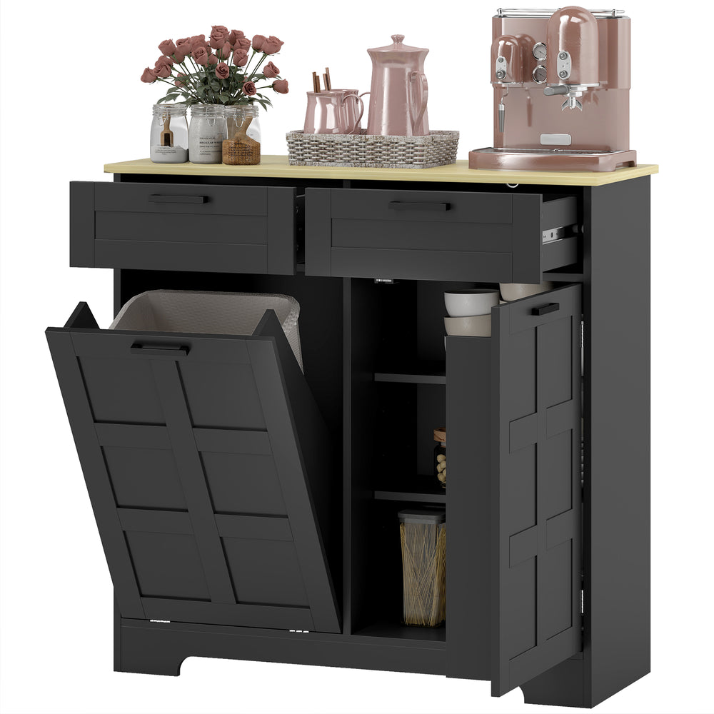 Armoire à poubelle basculante 13 gallons avec 2 tiroirs, étagères de porte et étagères réglables, noire