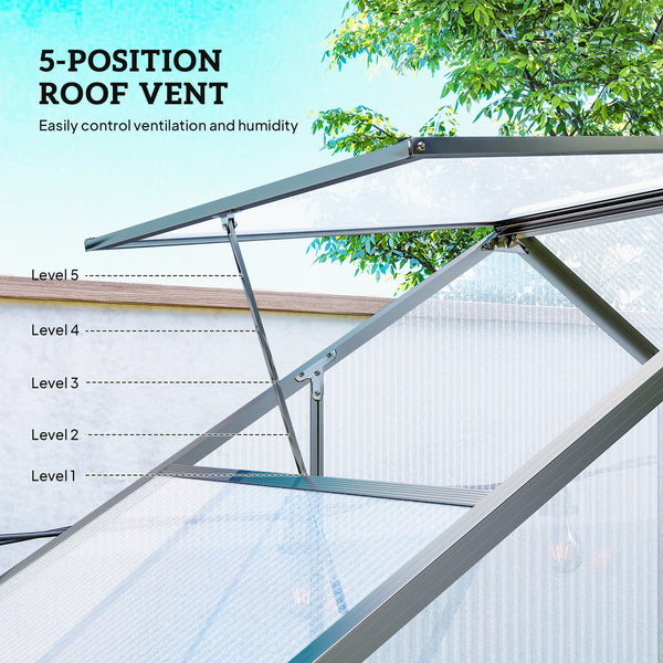Polycarbonate greenhouse with sliding door, 5-level roof ventilation and gutter