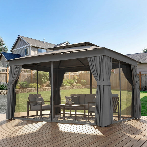 10' x 12.5' Outdoor Gazebo with Curtains and Netting, Double Roof Metal Patio Gazebo Canopy Shelter with Hook, Dark Grey