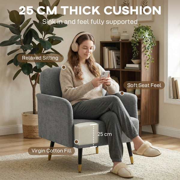 Modern upholstered accent chair with metal legs, grey