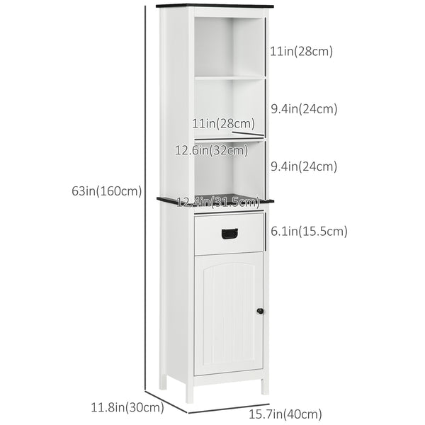 Tall freestanding storage cabinet with drawer and adjustable shelf for living room, white