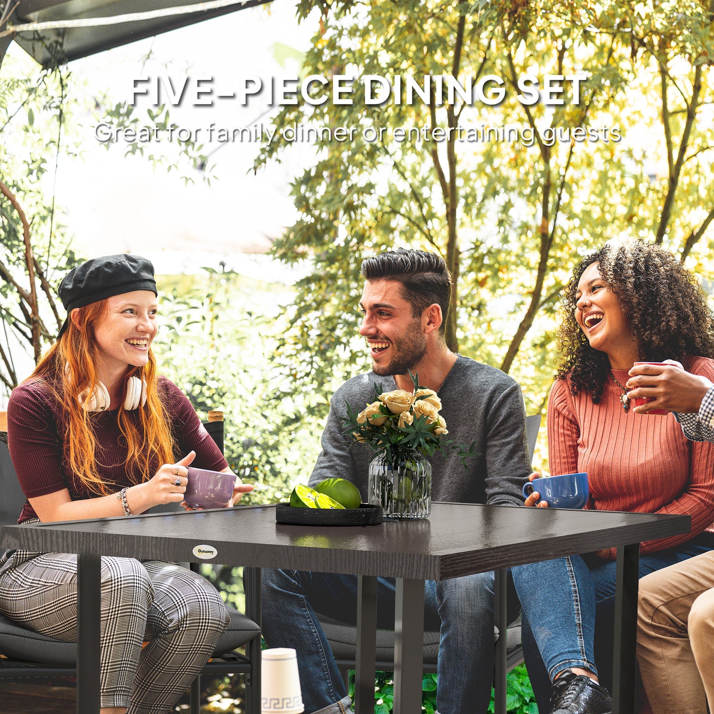 Outsunny Outdoor Dining Table with 5.3cm Umbrella Hole, Steel Patio Table for 6 People, Dark Brown