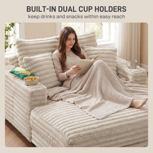 Canapé de lecture grand format en velours côtelé avec porte-gobelets et coussins, canapé-lit pour salon, beige