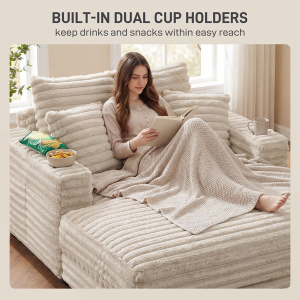 Canapé de lecture grand format en velours côtelé avec porte-gobelets et coussins, canapé-lit pour salon, beige