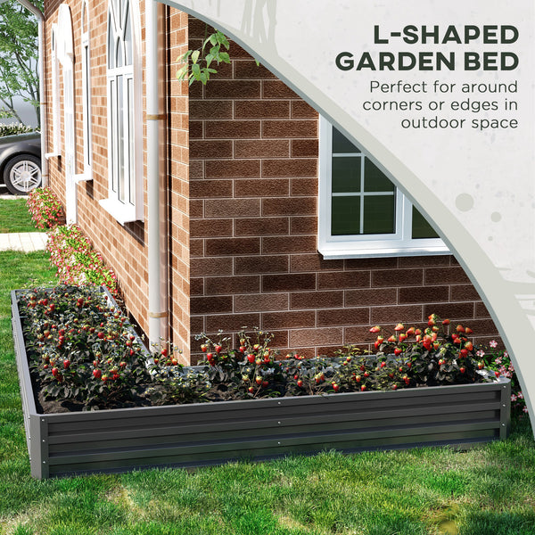 Raised L-shaped planter made of galvanized steel with reinforced rods