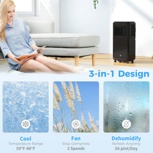 Climatiseur mobile de 10 000 BTU, 440 pi² (41 m²), déshumidificateur, ventilateur, mise en veille automatique, minuterie 24 h marche/arrêt, kit fenêtre, noir