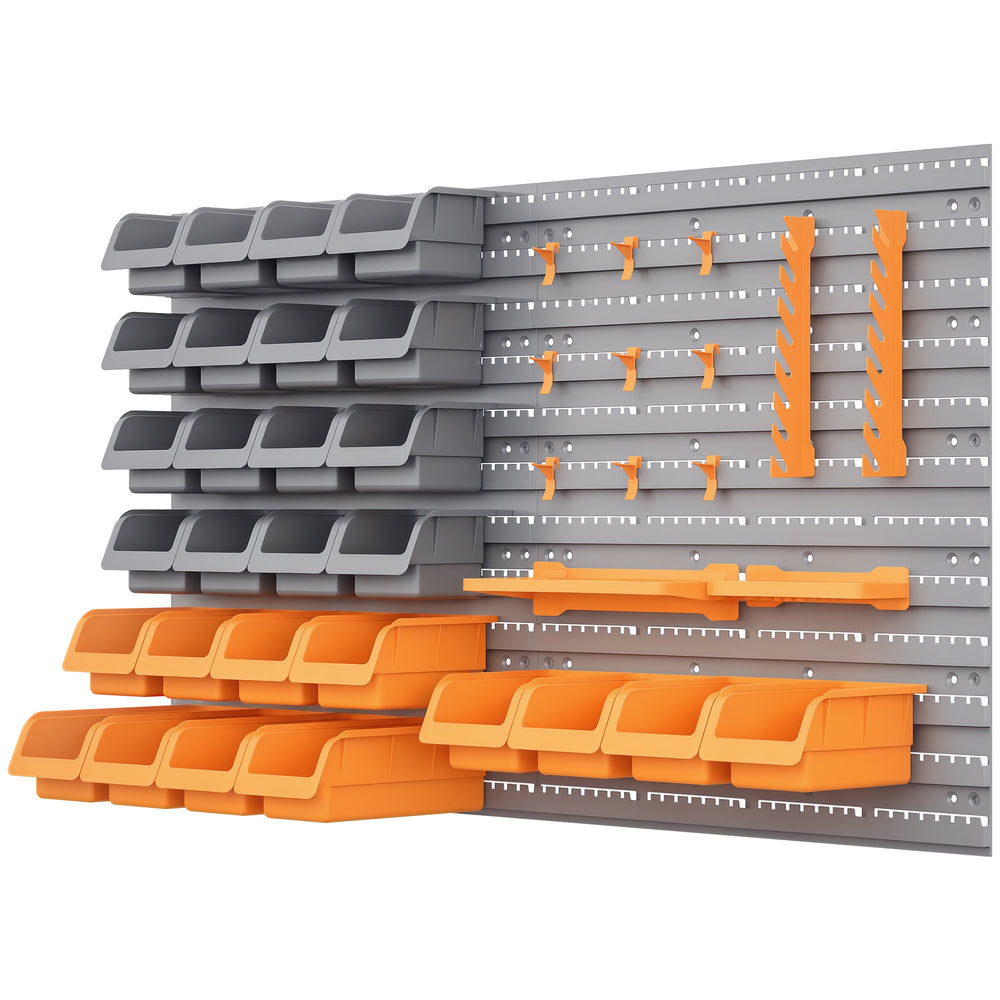 44-piece wall storage kit with storage bins, pegboard and hooks, plastic garage organizer, orange
