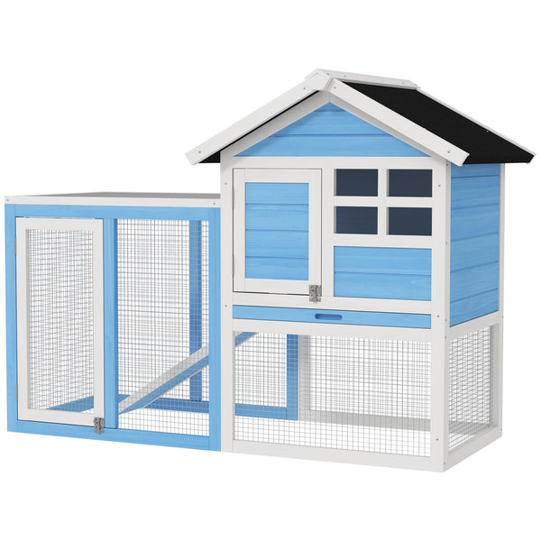 Clapier en bois 49" avec toit incliné et enclos, bleu clair