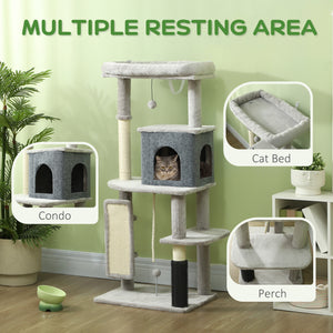 Arbre à chat de 132 cm avec griffoirs, panier, niche, brosse de toilettage, gris