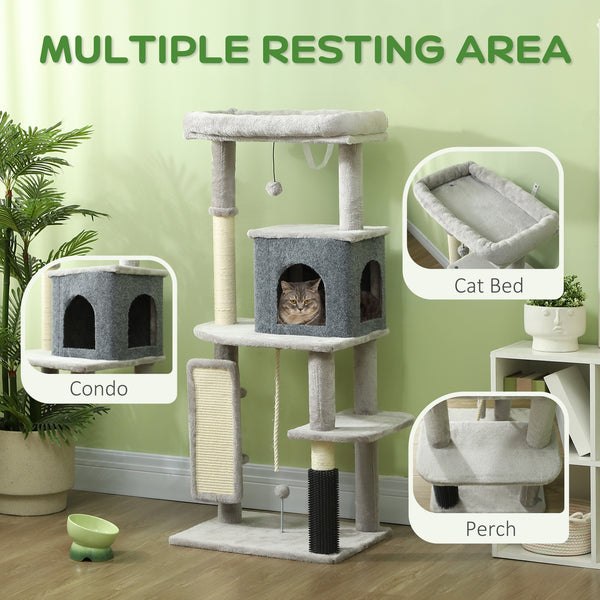 Arbre à chat de 132 cm avec griffoirs, panier, niche, brosse de toilettage, gris
