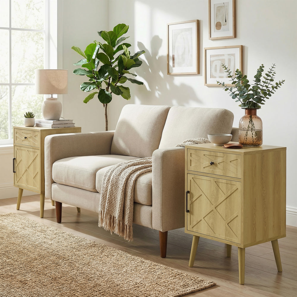 Set of 2 bedside tables with a drawer and a cupboard, oak finish