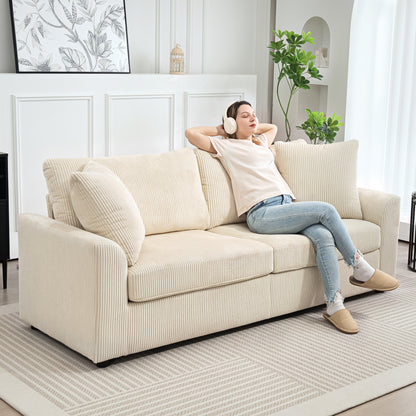 Canapé 3 places moderne avec ressorts ensachés et 2 coussins décoratifs, blanc crème