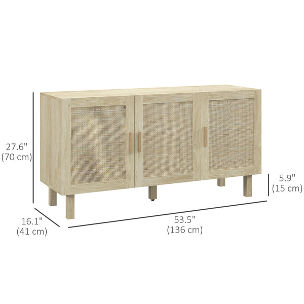 Bohemian sideboard with 3 rattan doors and adjustable shelves, natural