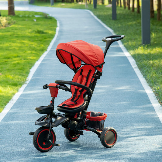 Tricycle 6 en 1 pour tout-petits de 12 à 50 mois, pliable avec siège réglable, harnais de sécurité, auvent amovible, rouge