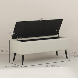 Pouf avec rangement rembourré en lin avec pieds en acier, blanc crème