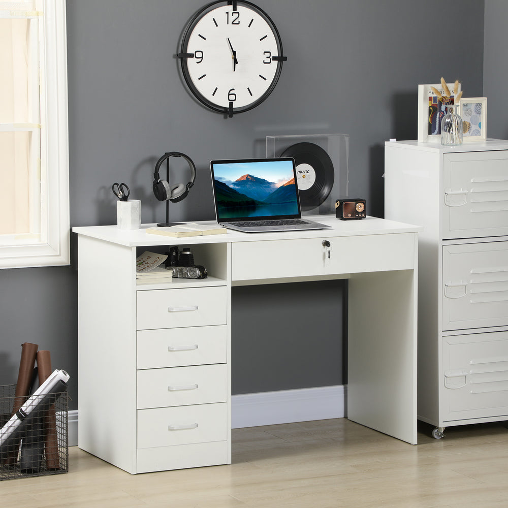 Computer desk with lockable drawer and open compartment, white