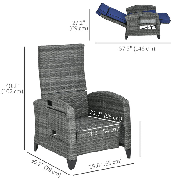 Outdoor Recliner Chair with Adjustable Backrest, Cushion, Side Tray, Dark Blue