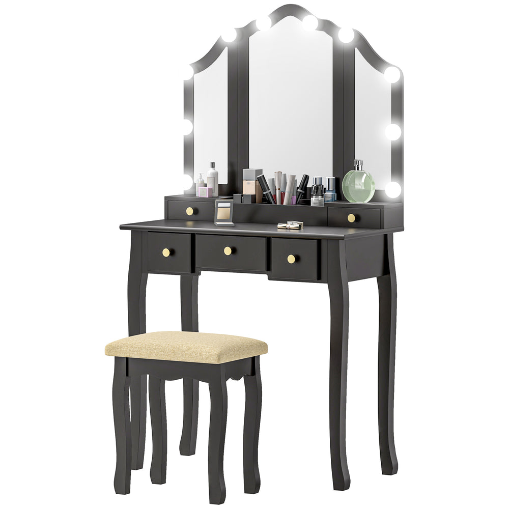 Coiffeuse avec tabouret, 10 lumières LED, 5 tiroirs et 3 compartiments, noir