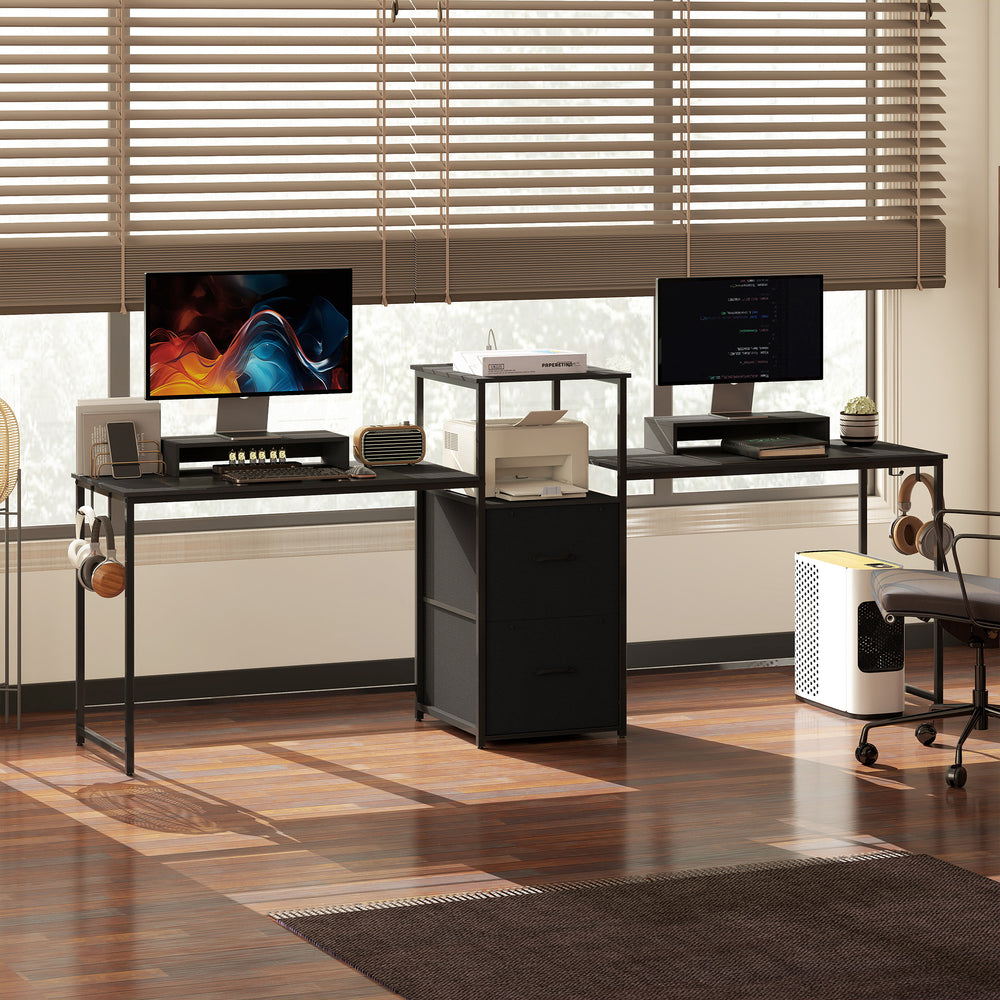 Bureau gaming 96 pouces  double pour 2 personnes avec prises électriques et supports pour écrans, noir