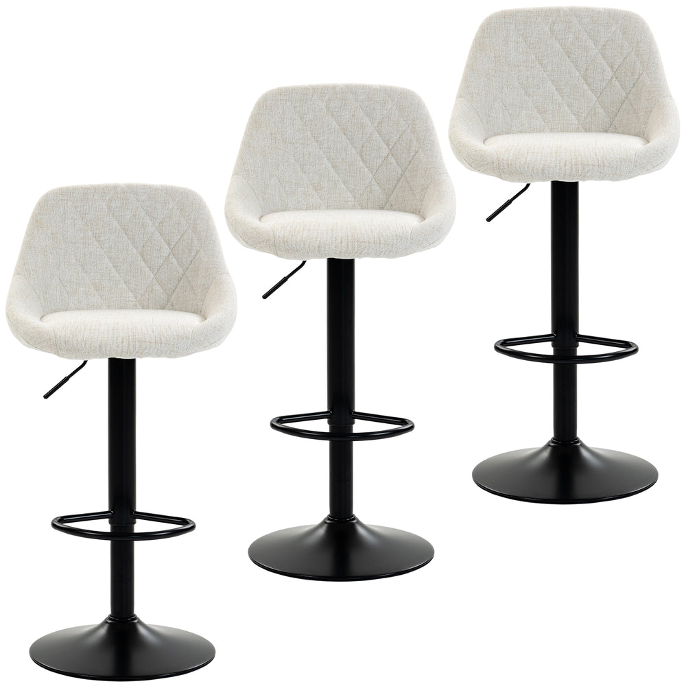 Lot de 3 tabourets de bar, tabourets de comptoir pivotants avec dossier, chaises de bar réglables aspect lin, blanc cassé