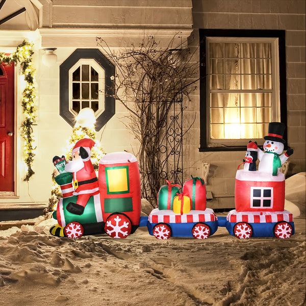2.4m inflatable Christmas train with Santa Claus, snowman, penguin and gift boxes
