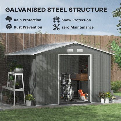 9' x 10.6' Garden Shed with Foundation Kit for Storage with Double Doors, Light Gray