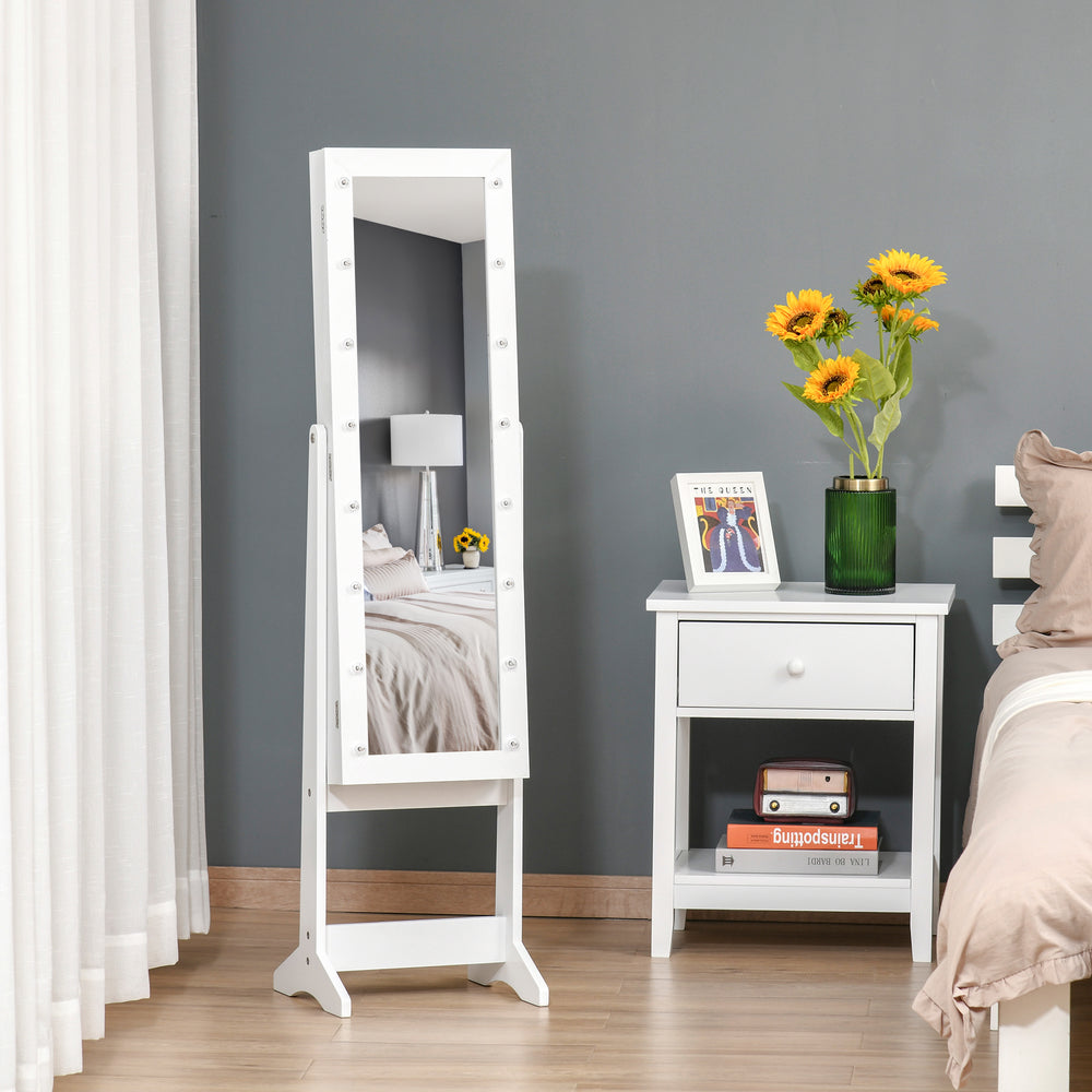 Armoire à bijoux sur pied avec miroir éclairé, angle réglable et 16 LED, blanc chaud