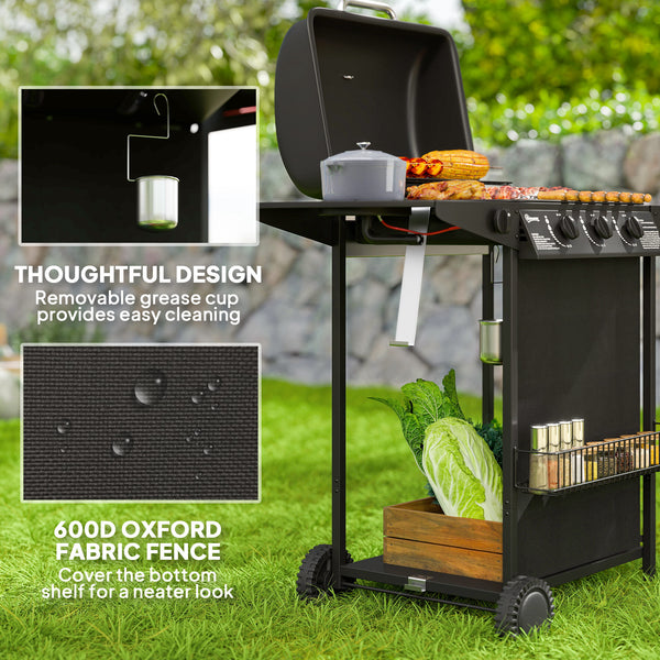 3-burner propane gas barbecue with side burner, thermometer, black