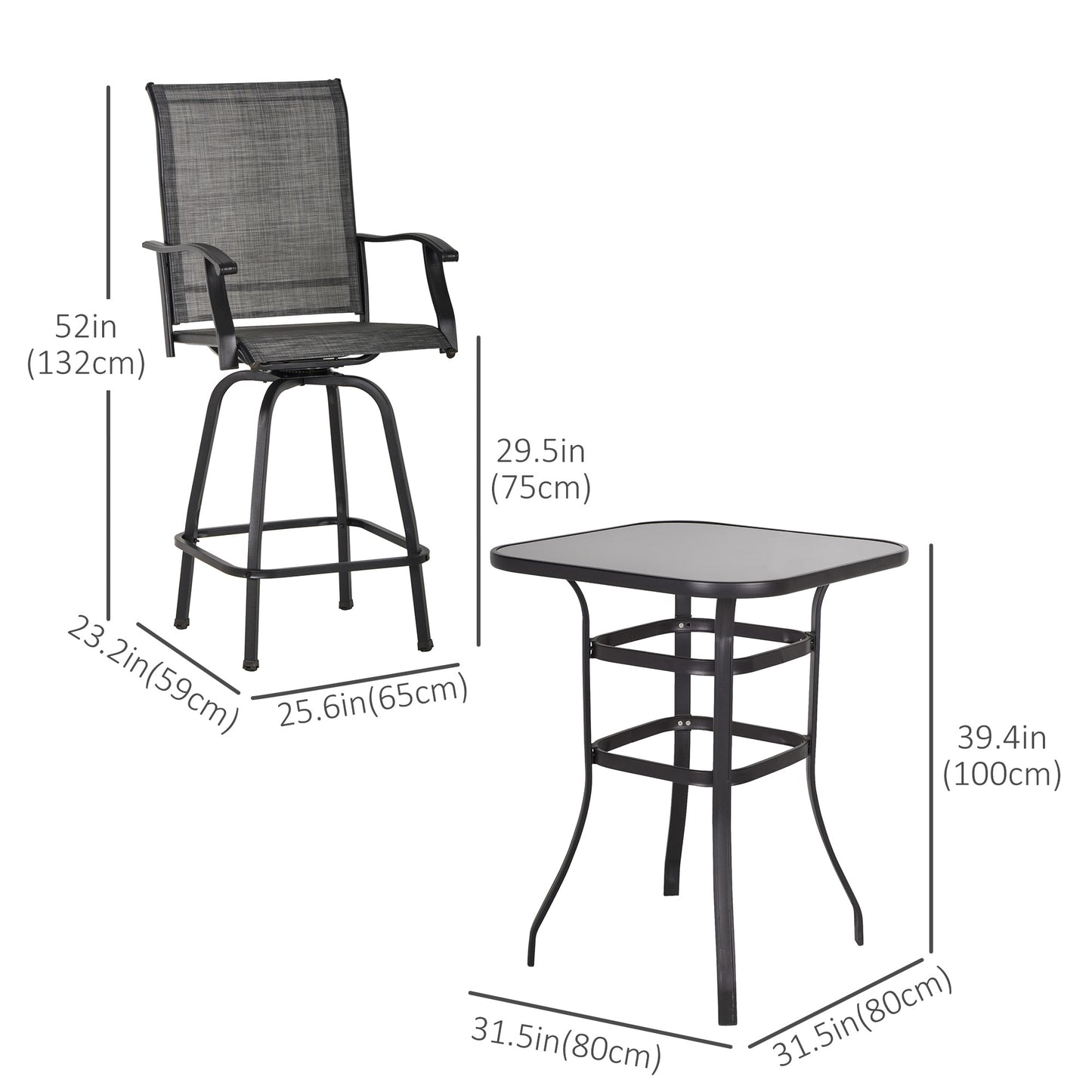 Outsunny 3 Piece Outdoor Patio Bar Set 2 Swivel Stool and 1 Bistro Table All-Weather Metal Frame for Balcony Backyard Deck Gray |
