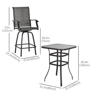 Ensemble de bar d'extérieur 3 pièces, 2 tabourets pivotants et 1 table de bar, gris