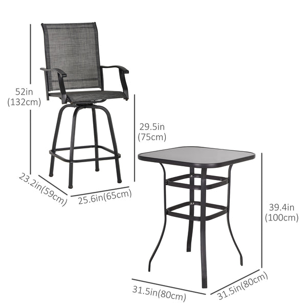Ensemble de bar d'extérieur 3 pièces, 2 tabourets pivotants et 1 table de bar, gris