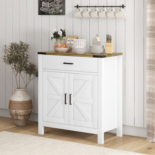 Buffet de cuisine de style campagnard avec tiroir et étagère pour salon, blanc